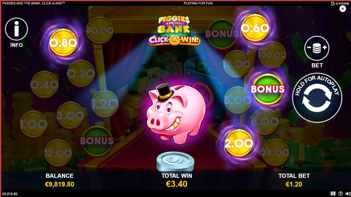 Piggies and the Bank: Click-A-Win slot game interface featuring a wealthy pig in a top hat.