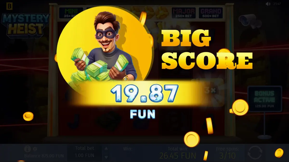 Tampilan layar mesin slot Mystery Heist dengan tema perampokan brankas yang sinematik.