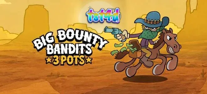 Tampilan layar permainan slot Big Bounty Bandits: 3 Pots dengan tema Wild West kartun dan simbol-simbol bandit, koin, serta berlian.